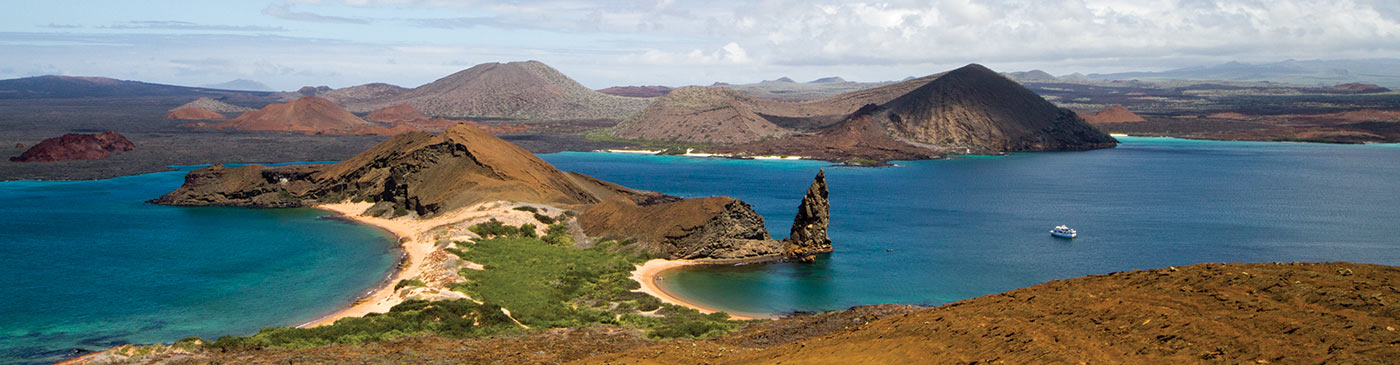Panoramic view of Pinnacle Rock and Sullivan Bay, Bartolome Island, Galapagos Islands, Ecuador