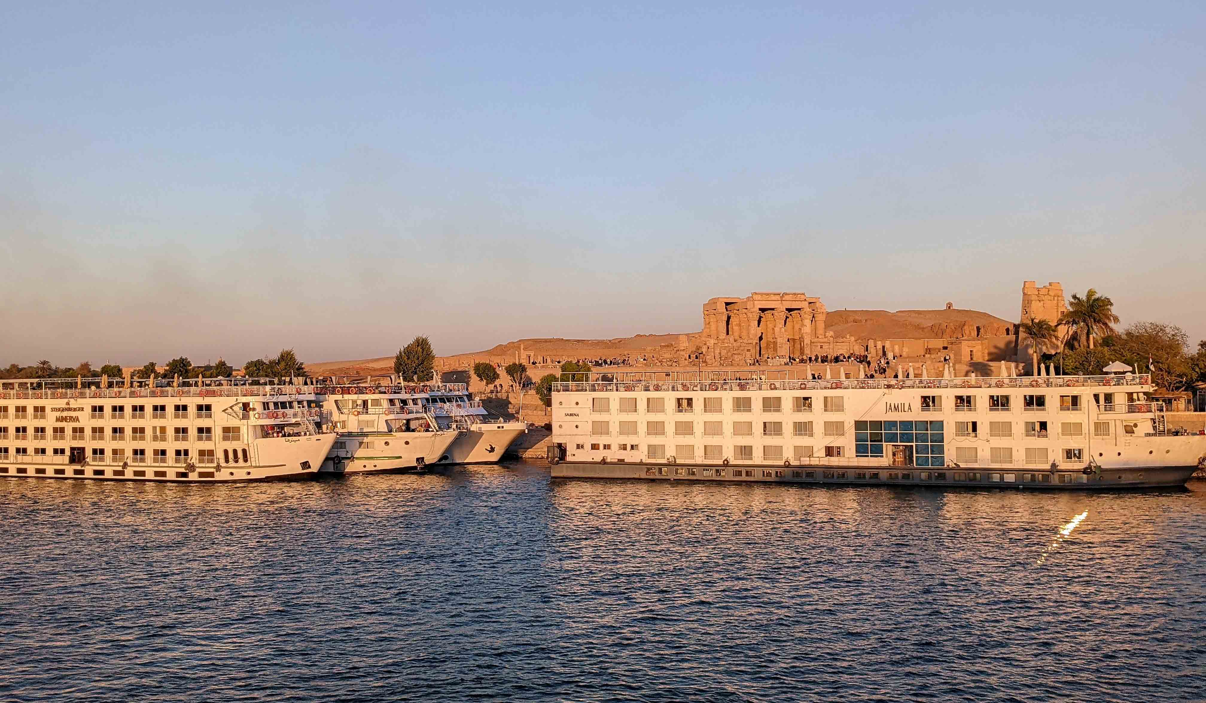 View of Egypt’s Temple of Kom Ombo, along with Nile cruise ships