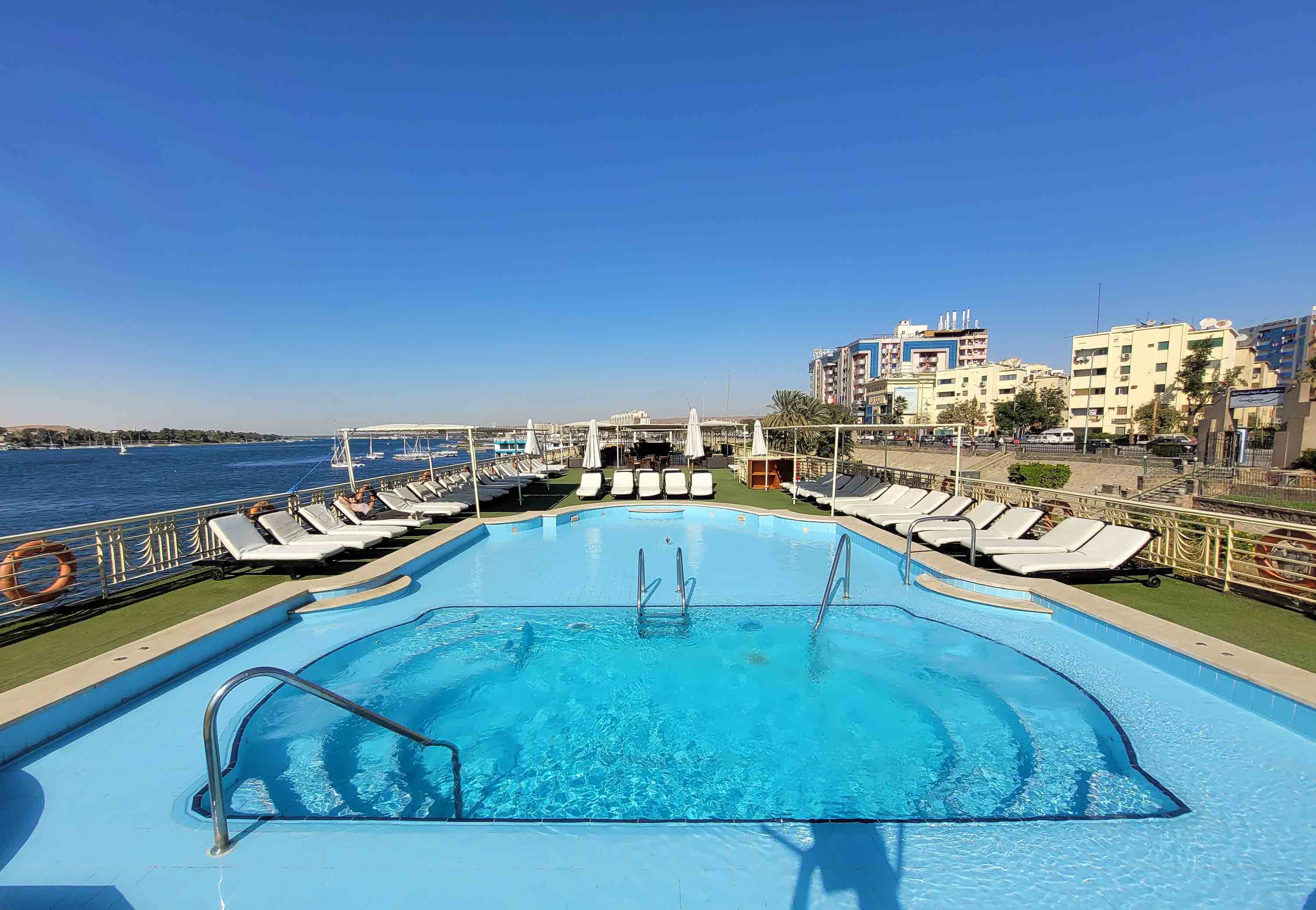 Pool and lounge area on a Nile cruise ship