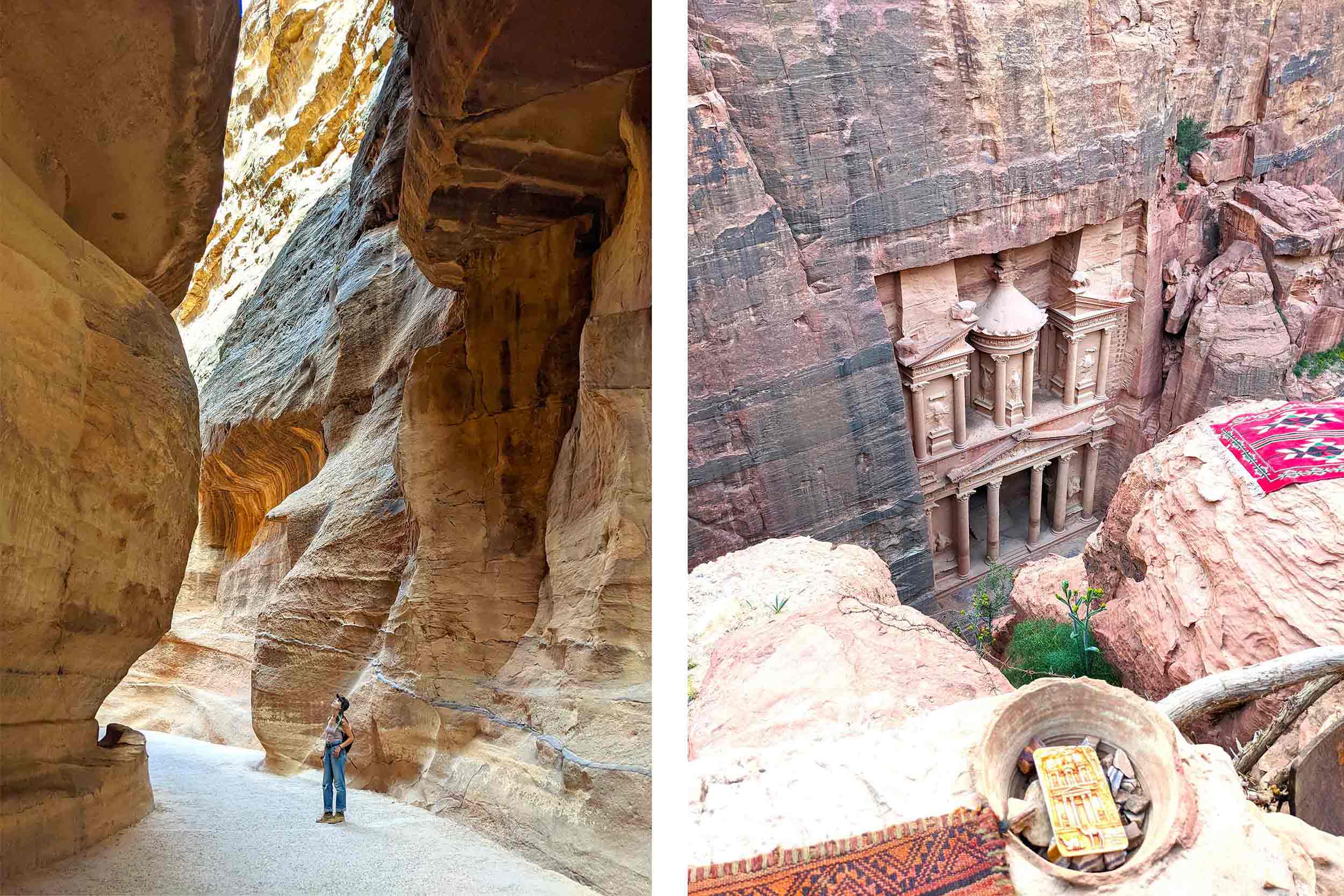 Admiring the walls of Al Siq Canyon on the walk to Petra’s Treasury in Jordan & Overhead viewpoint of the Treasury (Al Khazneh), Petra’s most famous monument