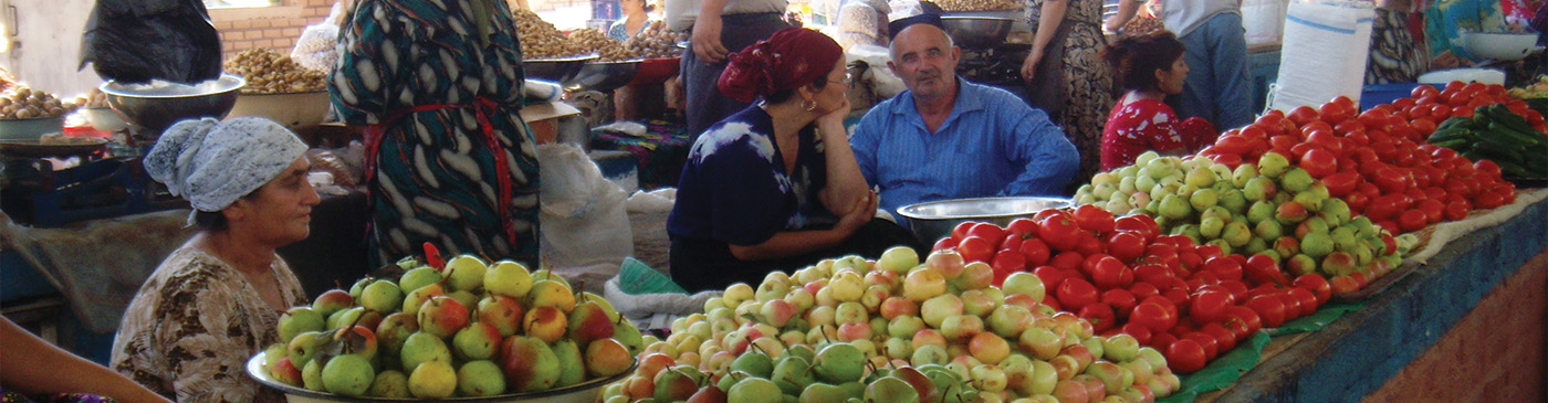 Fruit and vegetable stalls at bazaar in Penjikent, Tajikistan