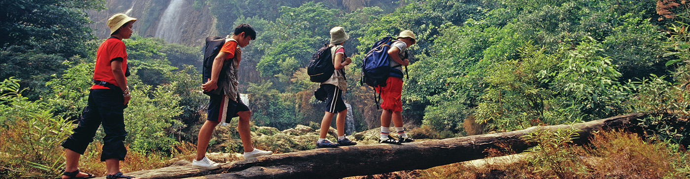  Tourists hiking through jungle in Thailand