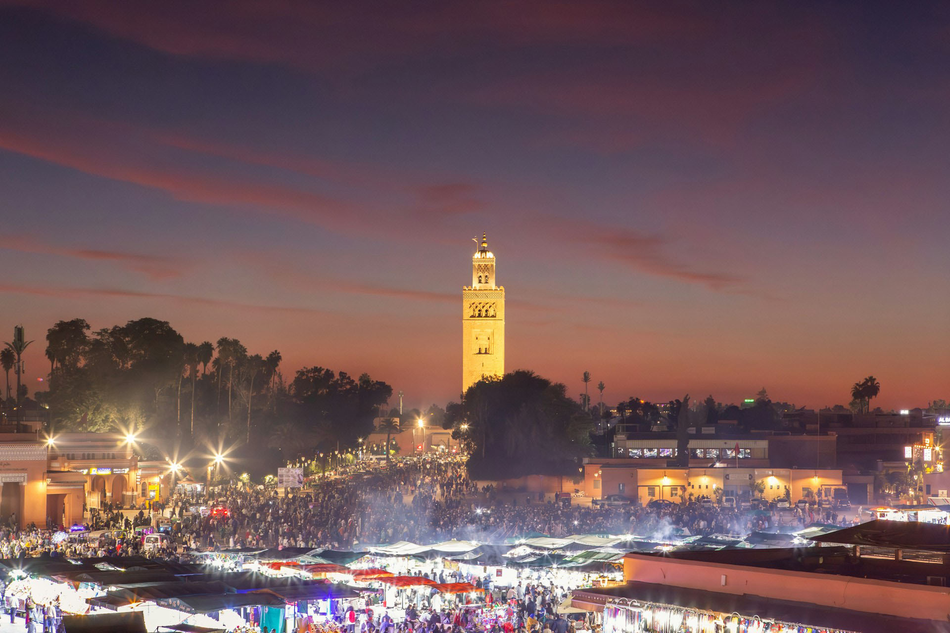 View of Marrakesh Old Town from the roof top terrace. Marrakech Medina, Morocco