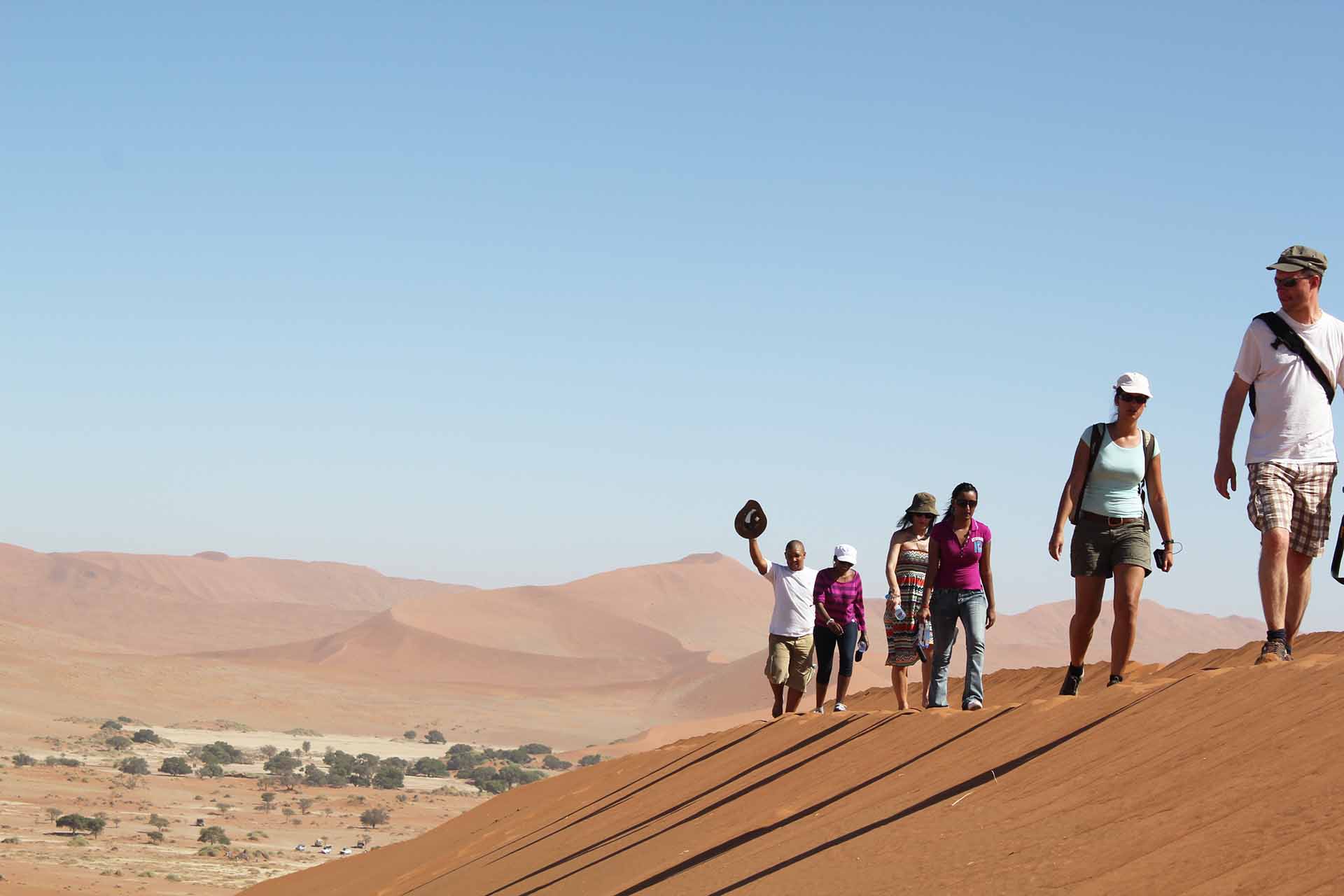 Tourists climb up the Dune through Sossusvlei, Namibia.