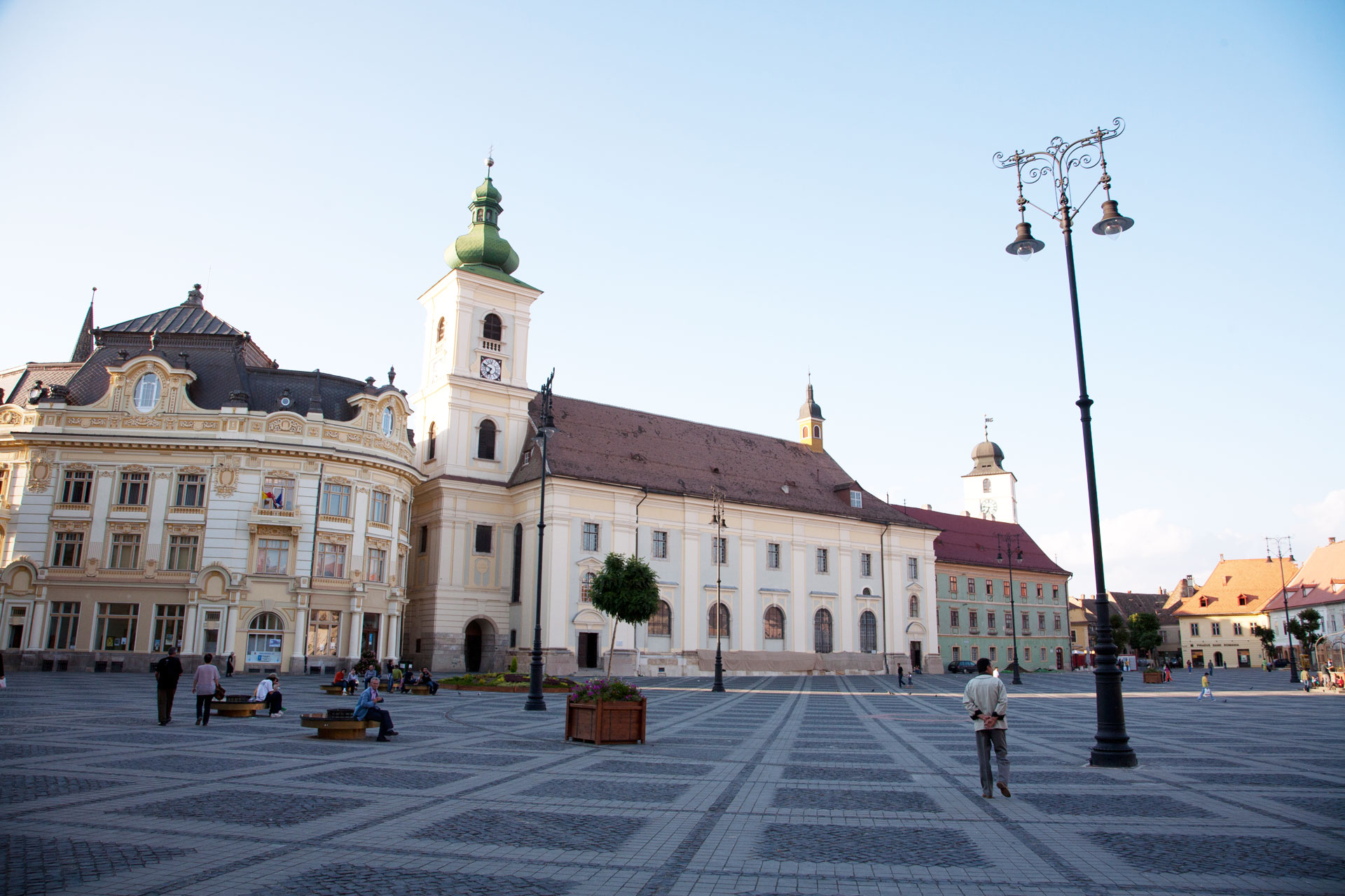 Municipal Hall and Roman-Catholic Cathedral on Piata Mare (Large Square), Sibiu, Romania