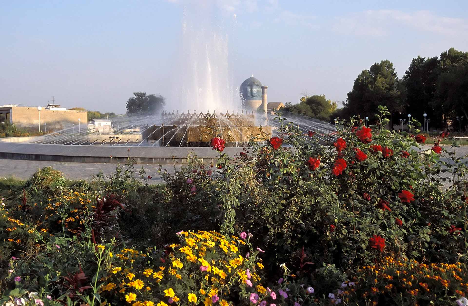 Fountain and the Gur Amir Mausoleum, Samarkand, Uzbekistan