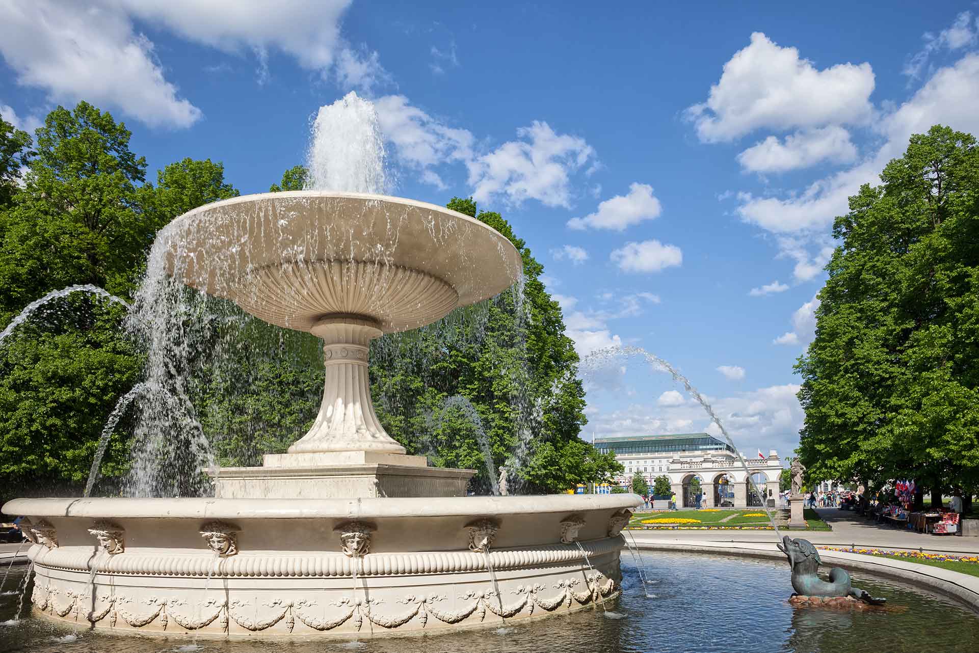 Fountain from 1855 in the Saxon Garden in city of Warsaw, Poland, 17th century park in the city center, open to public in 1727