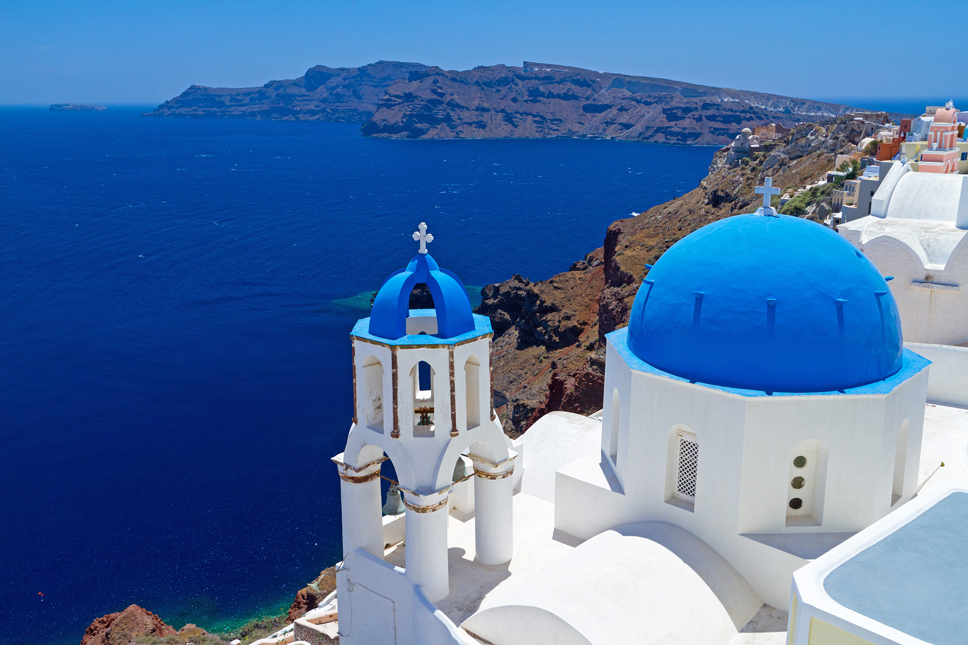 Church Cupolas of Oia town on Santorini island, Greece