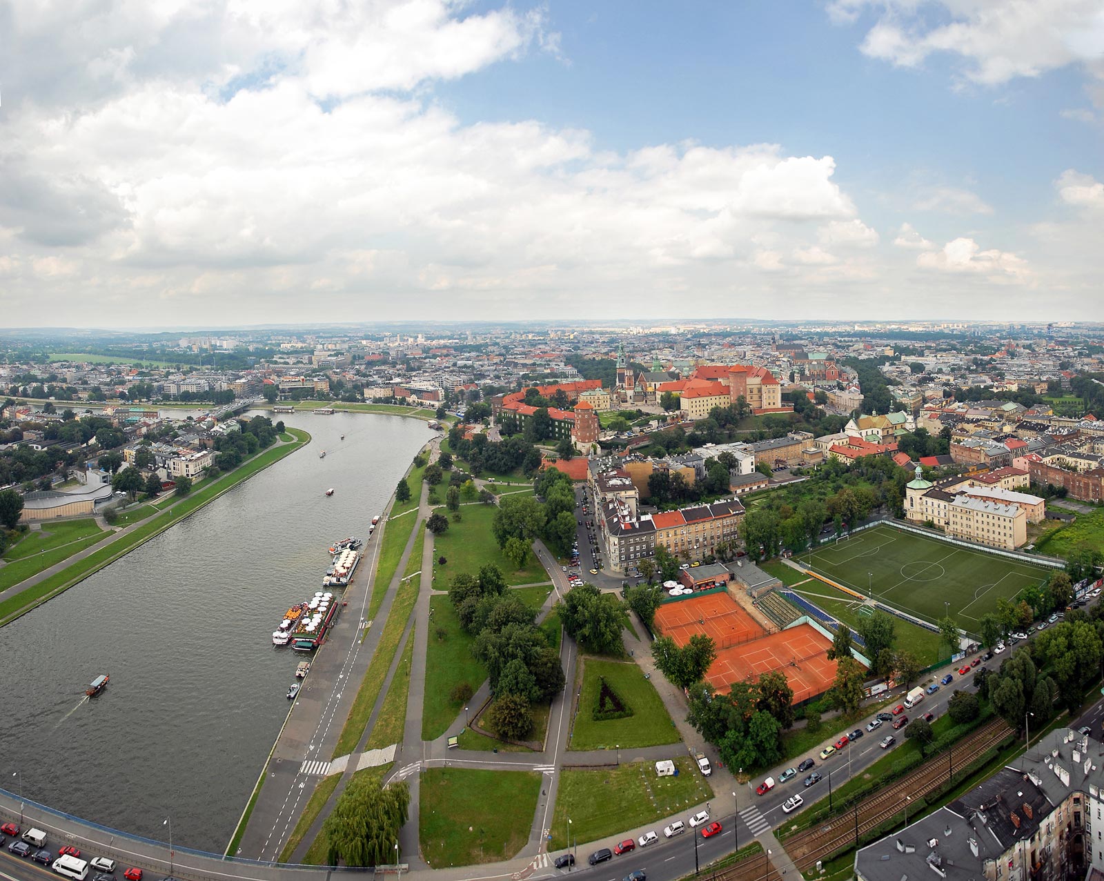 Panoramic view of Krakow city from flying baloon. Historical part in center of the image.