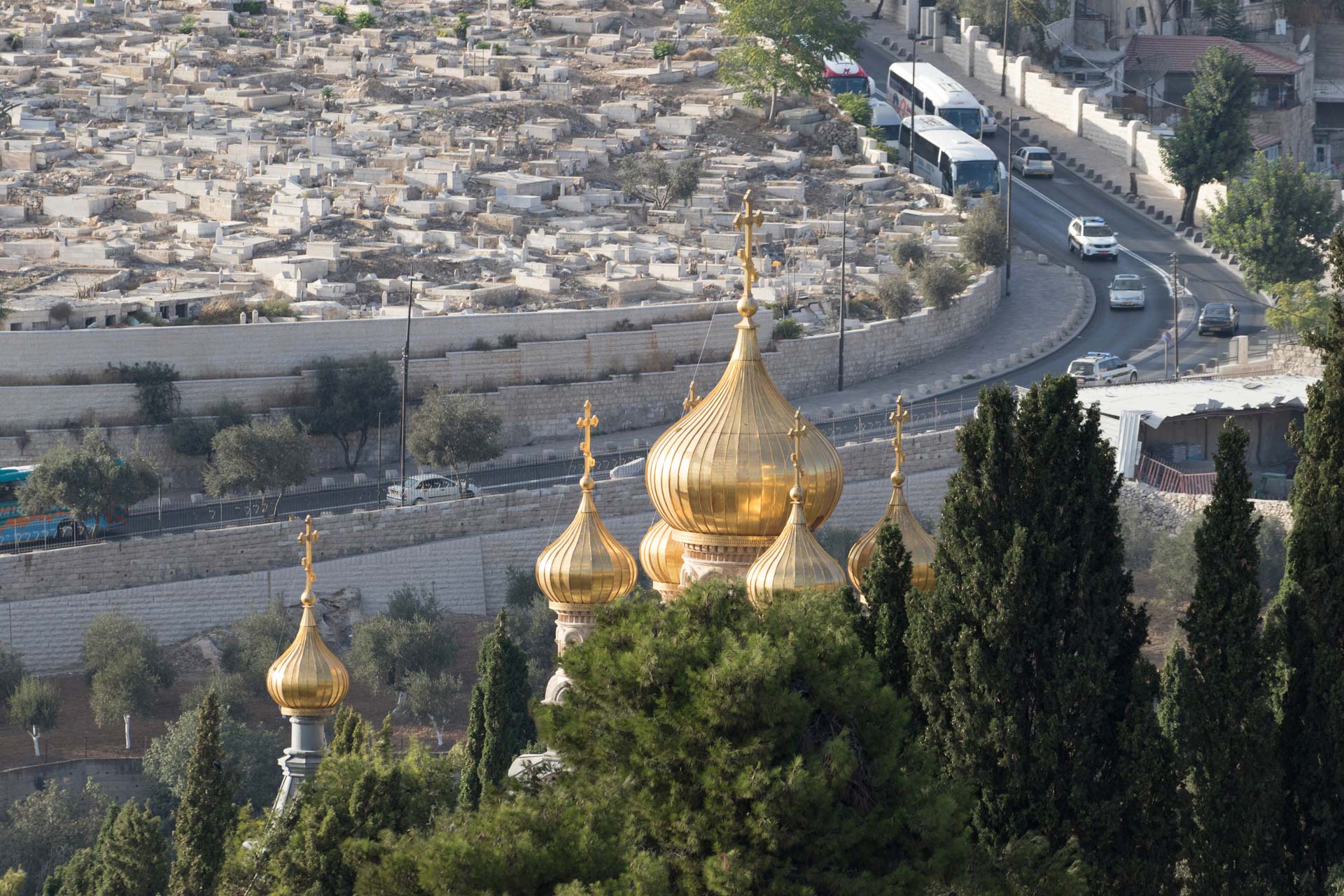 Panoramic view of the Old City with the Russian Orthodox Church of St. Mary Magdalene, Jerusalem, Israel