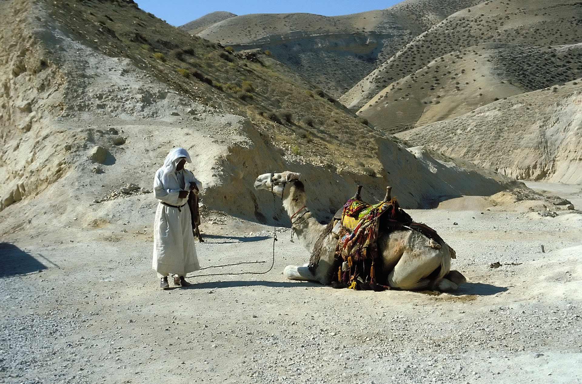 Man with a camel by the sea level marker, Qumran, Israel