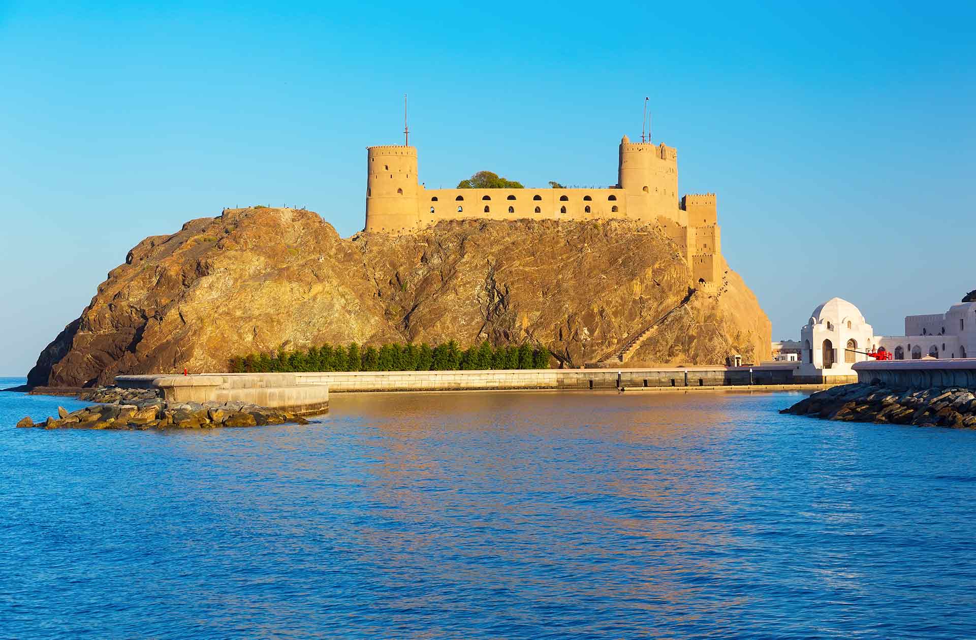 Fort Al-Jalali in Muscat, Oman.Impressive twin forts at the entrance of Old Muscat's harbor near Sultan Qaboos palace. View from Al-Mirani fort area