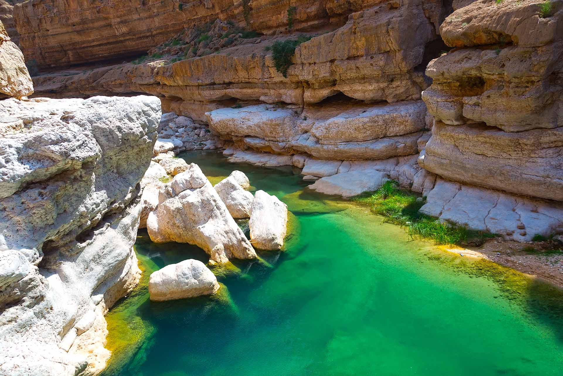 The Wadi Shab with emerald green water, one of the most famous and amazing wadi (valley) in Oman