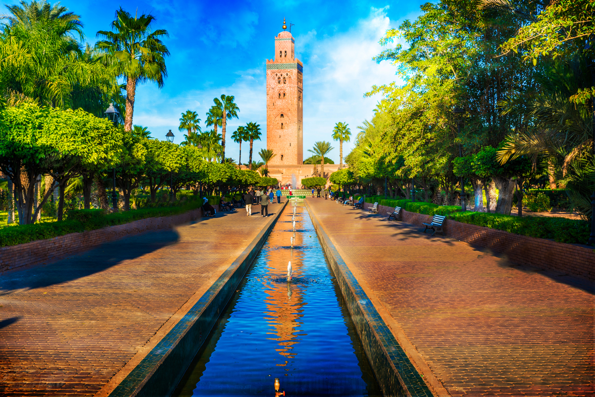 Koutoubia Mosque minaret at medina quarter of Marrakesh