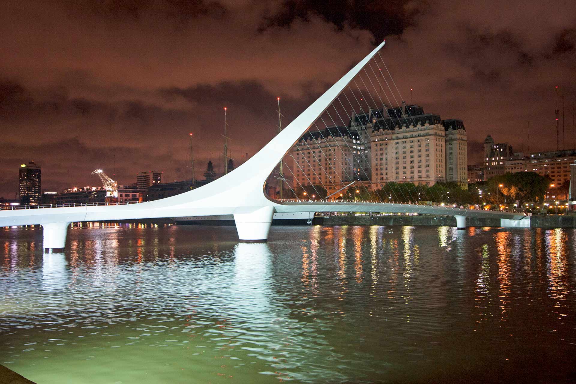 Santiago Calatrava's Puente de La Mujer (Women's Bridge) in Puerto Madero at night, Buenos Aires, Capital Federal, Argentina