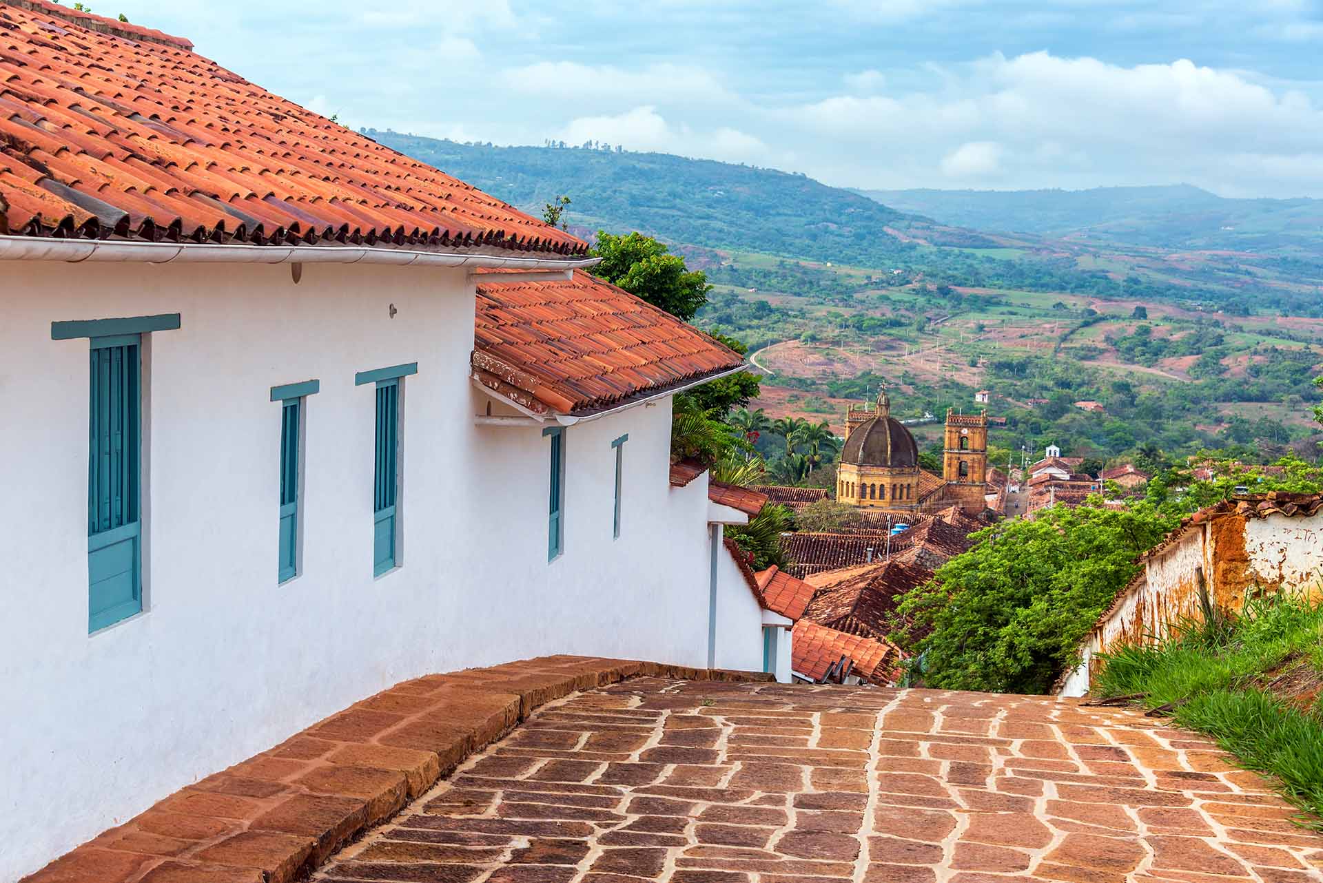 View of Barichara, Colombia as seen from a hill above town
