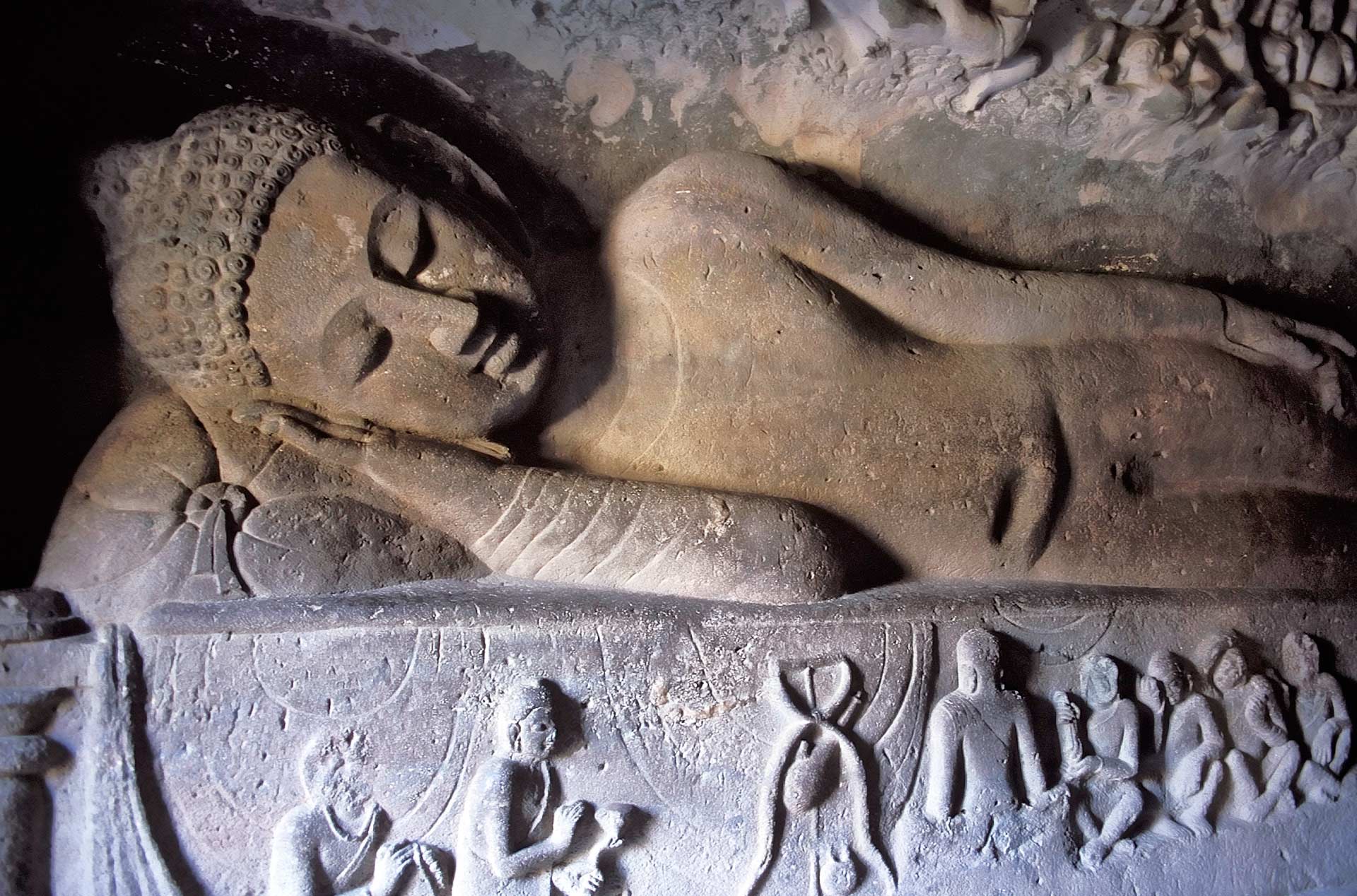 Statue of Reclining Buddha at Cave 26, Ajanta Caves, Maharashtra, India