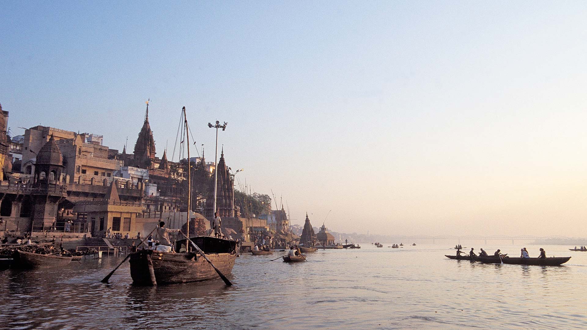 Skyline of Varanasi along the shores of the Ganges River in the early morning, Uttar Pradesh, India