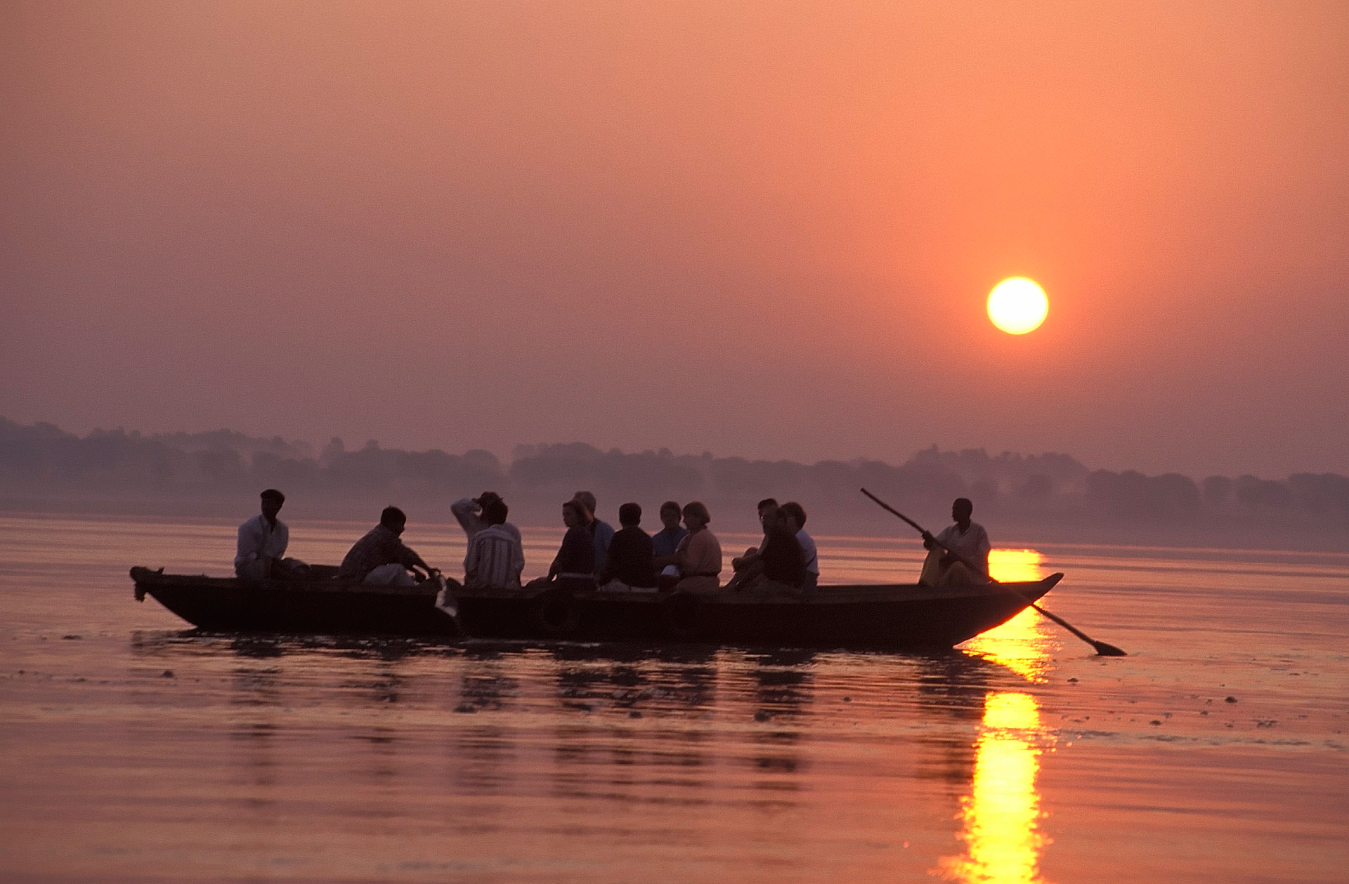 Boat in the Ganges at sunrise, Varanasi, Uttar Pradesh, India