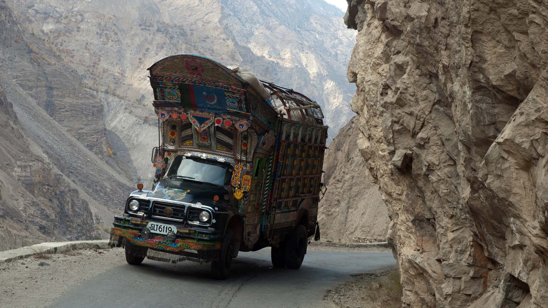 Painted and decorated Pakistani truck on Highway S1 between Skardu and Gilgit in Baltistan, Northern Areas, Pakistan