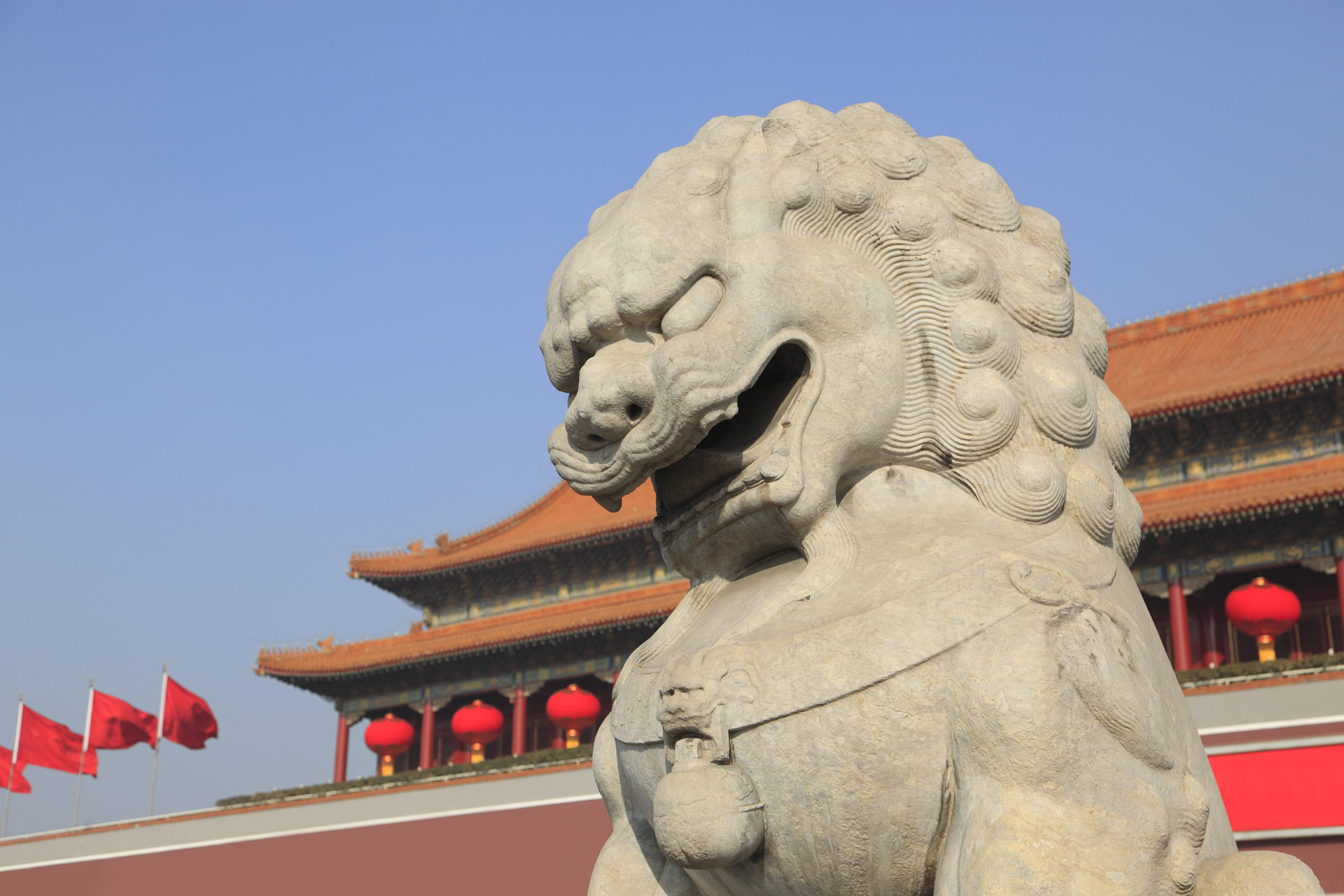 Stone lion in front of TianAnMen in Beijing, China