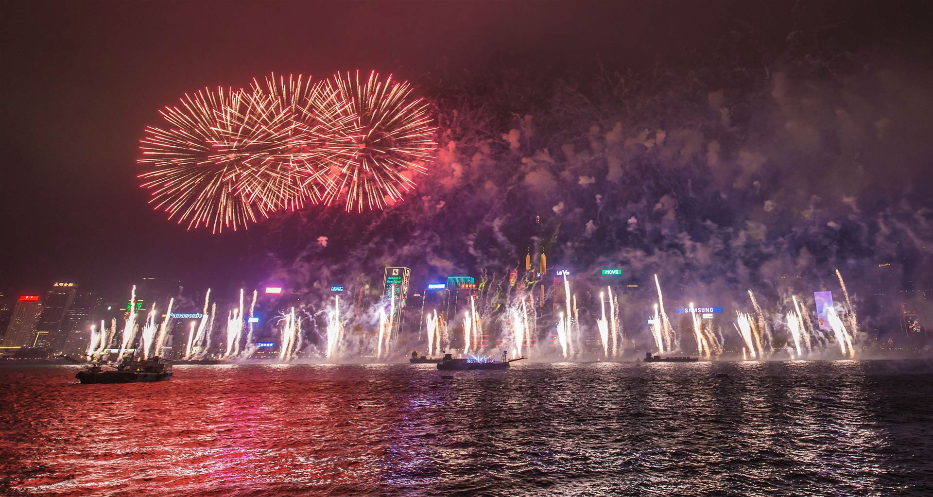 National Day Fireworks Over Victoria Harbor in Hong Kong, China