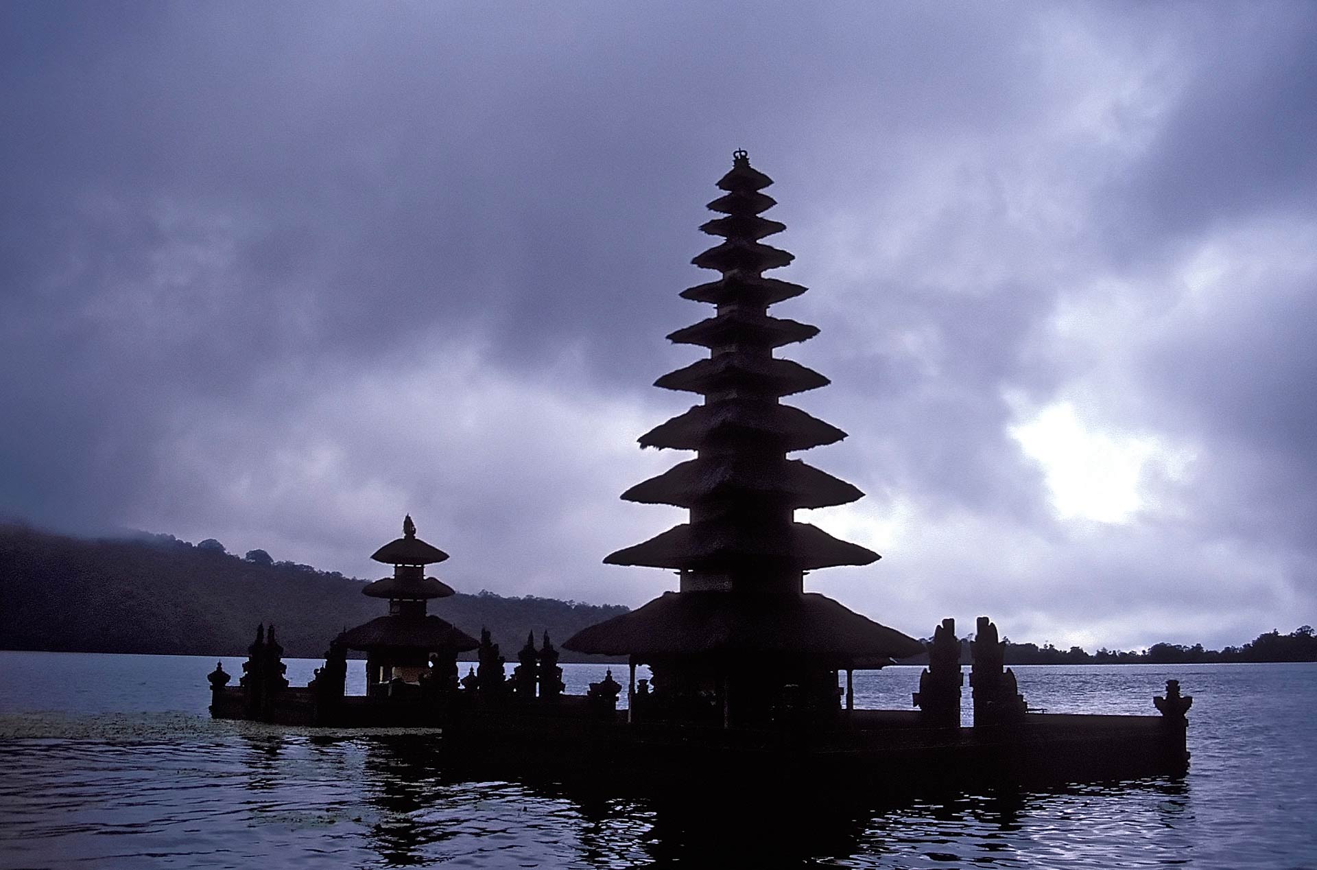 Classical thatched-roof Meru of the Ulu Danu Temple in Beratan Lake, Bali, Indonesia
