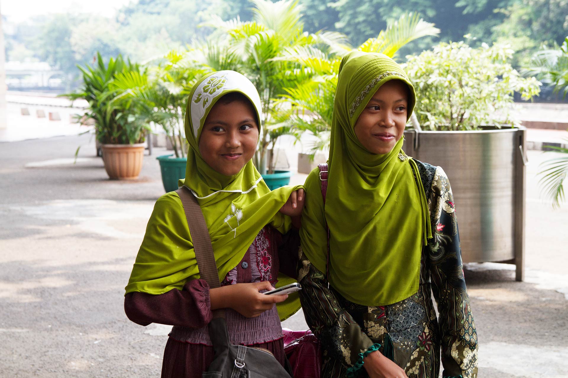 Girls at the Istiqlal Mosque (Independence Mosque), Jakarta, Java Island, Indonesia