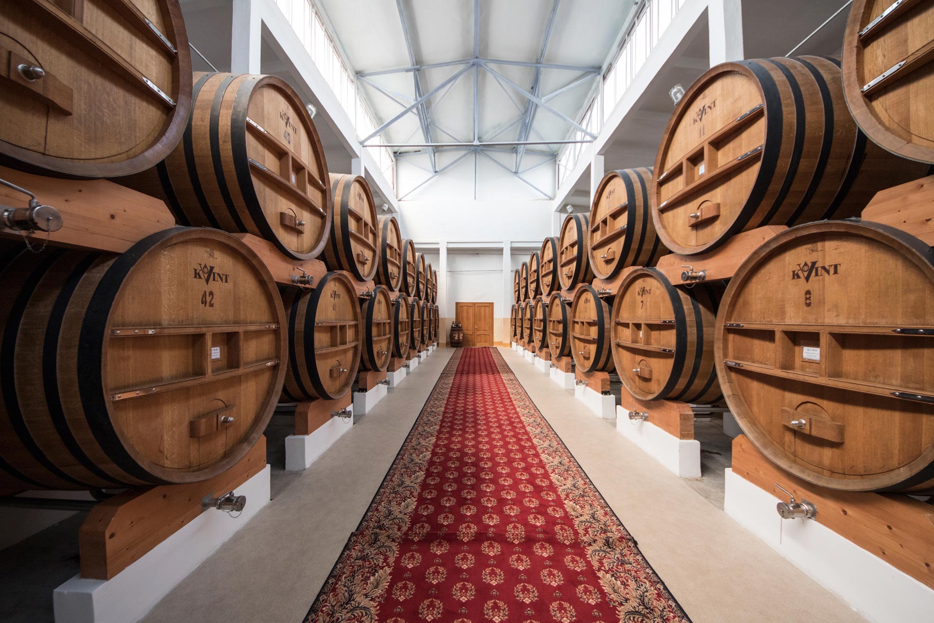 Brandy barrels at Kvint (Kon’iaki, vina i napitki Tiraspol’ia) wine- and brandy distillery, Tiraspol, Transnistria, Moldova