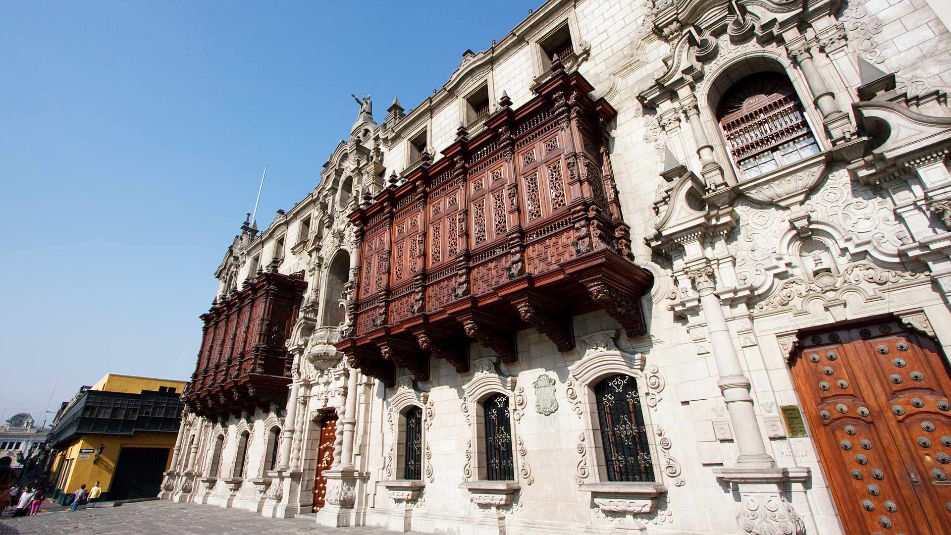 Moorish balconies of the Palacio Arzobispal (Archbishop's Palace) adjacent to the Cathedral of Lima